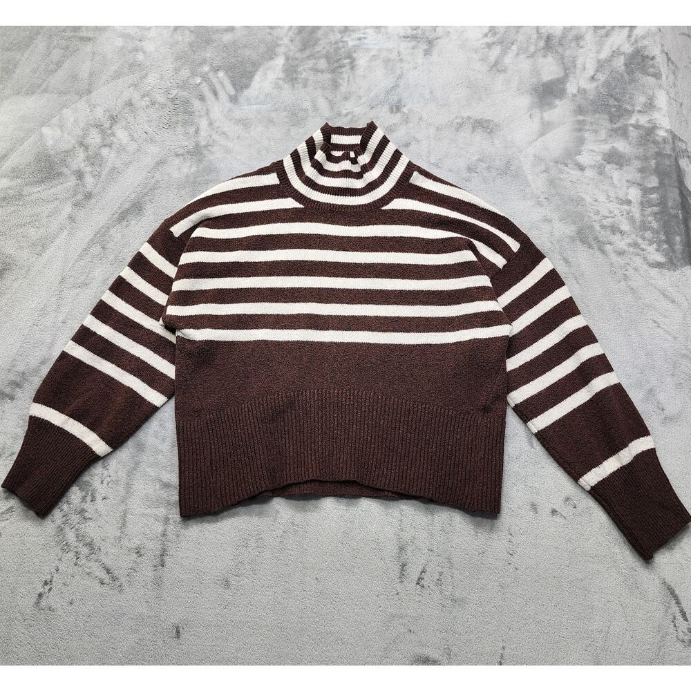 A New Day Sweater Womens L Brown White Striped Mock Neck Pullover Casual Preppy‎